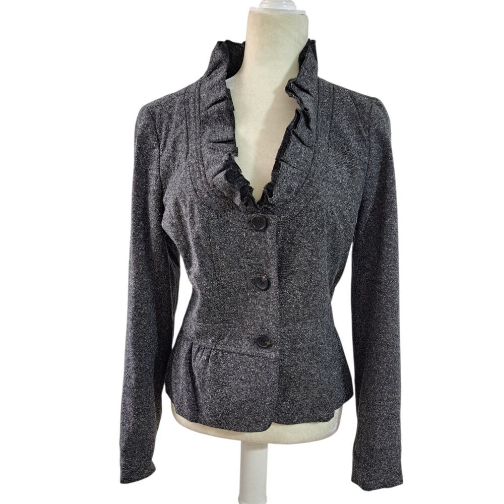 Ann Taylor Loft Women's Grey Ruffle Long Sleeve Blazer Office Work Jacket Sz 12